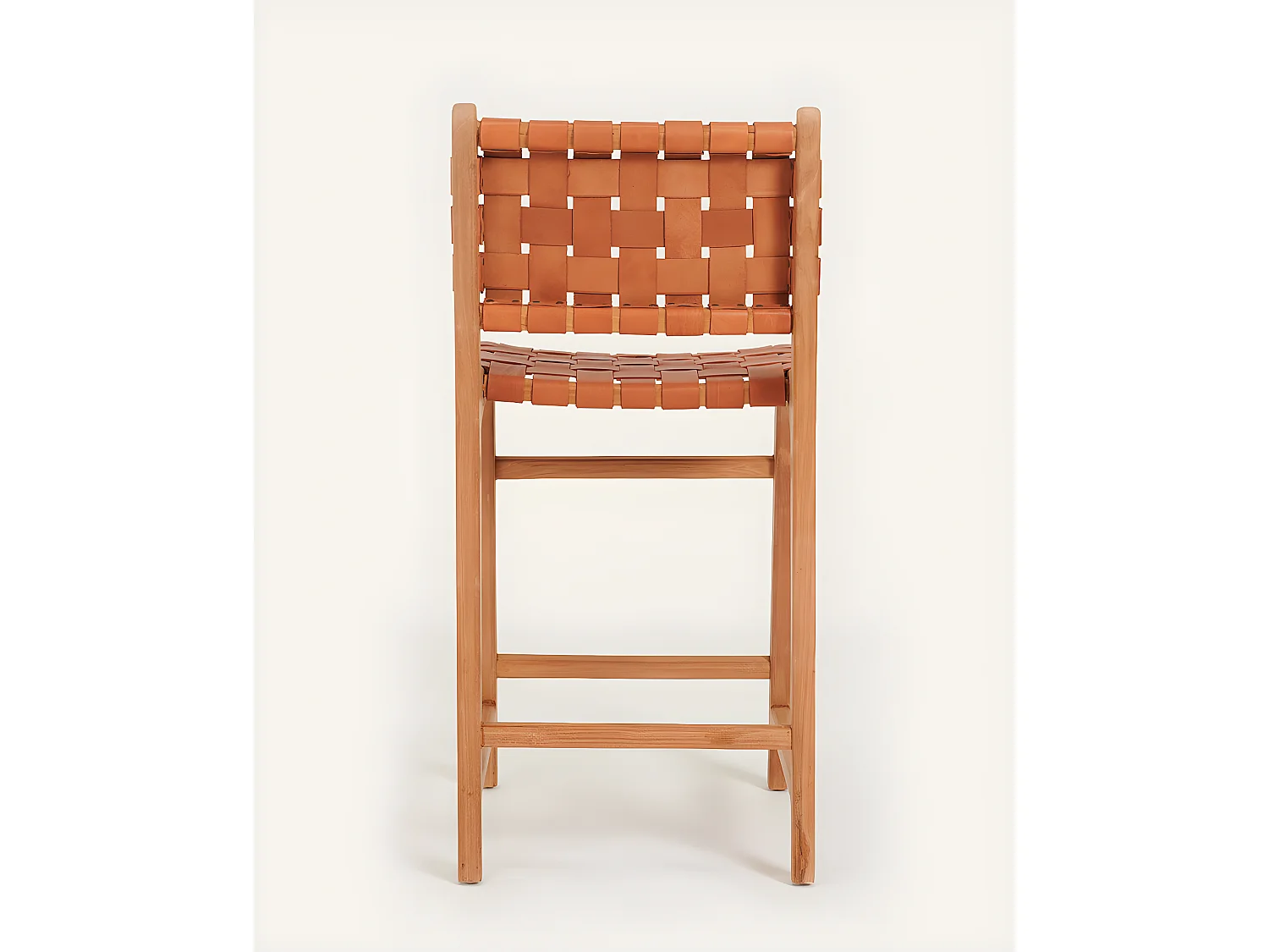 Ambra - Lot de 2 Chaise de bar en teck massif et cuir vachette tressé marron