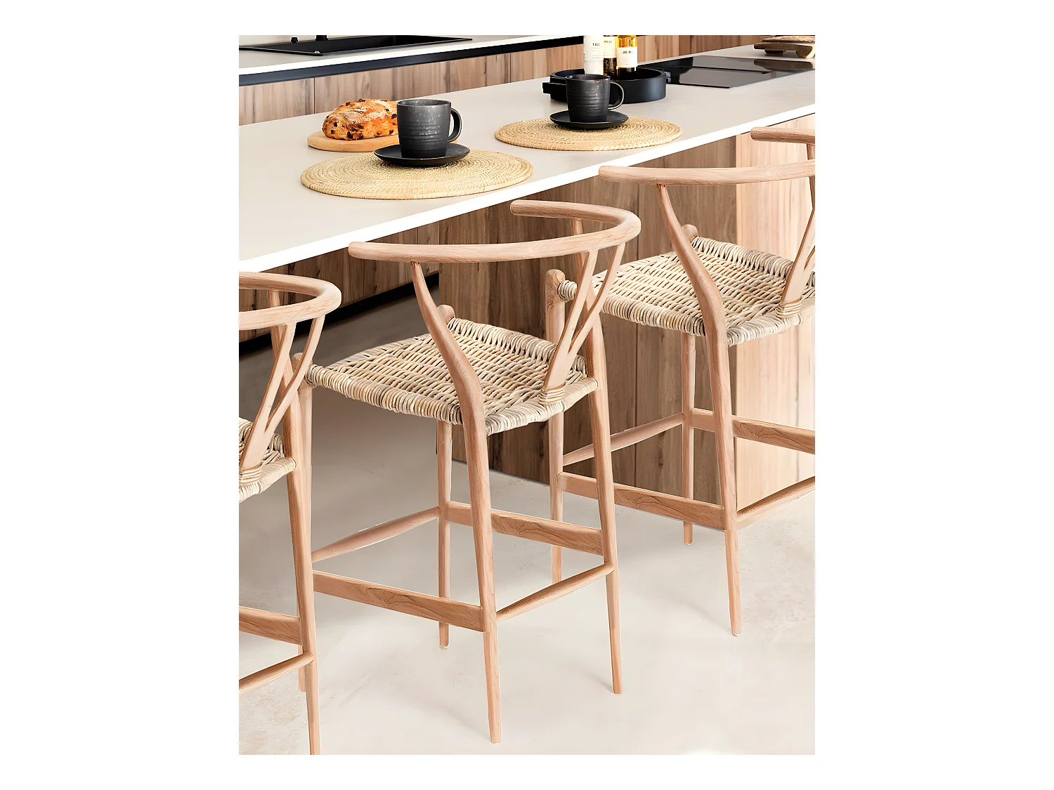 Hirosi - Chaise de bar en teck massif et rotin