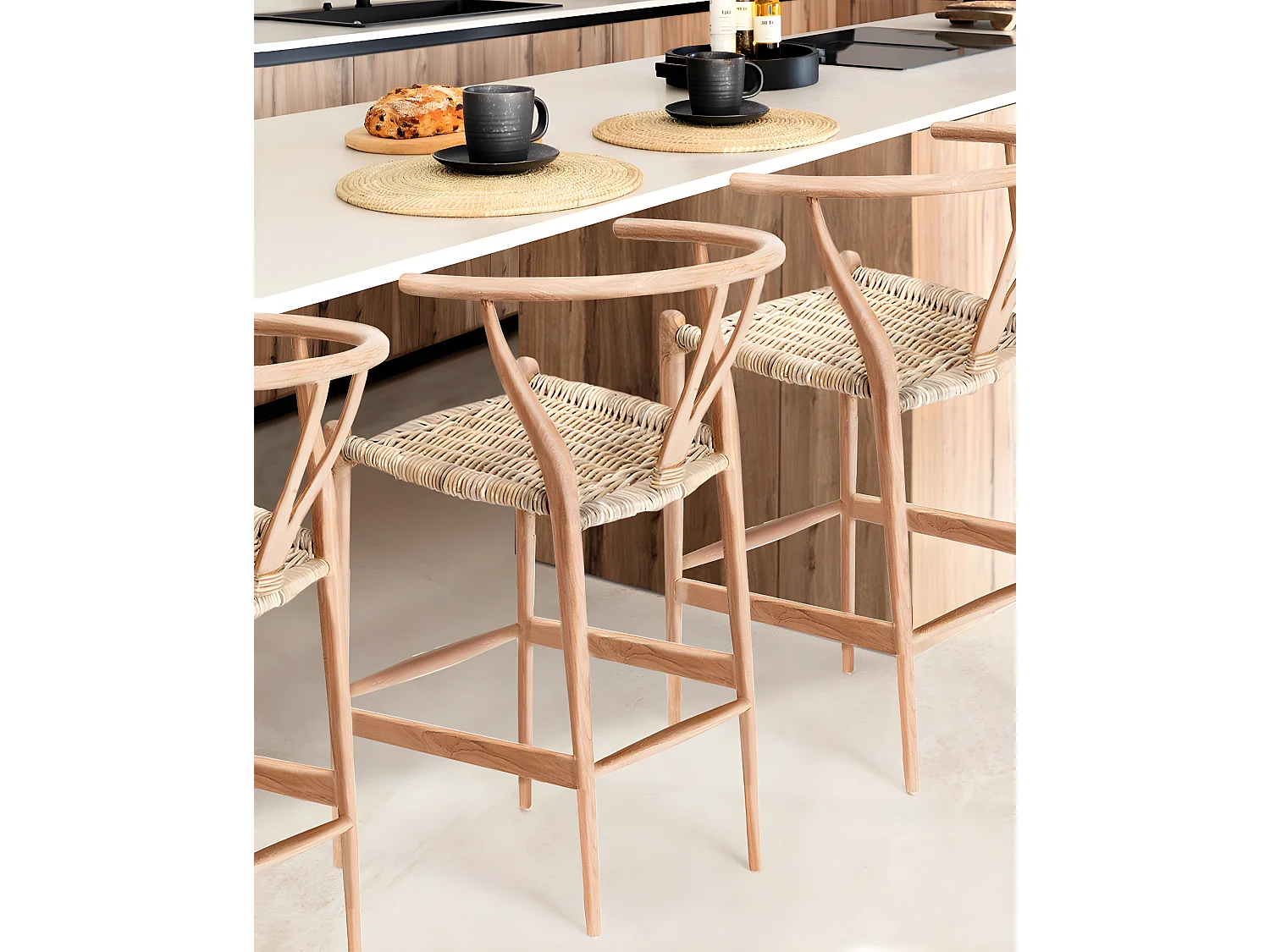 Hirosi - Chaise de bar en teck massif et rotin