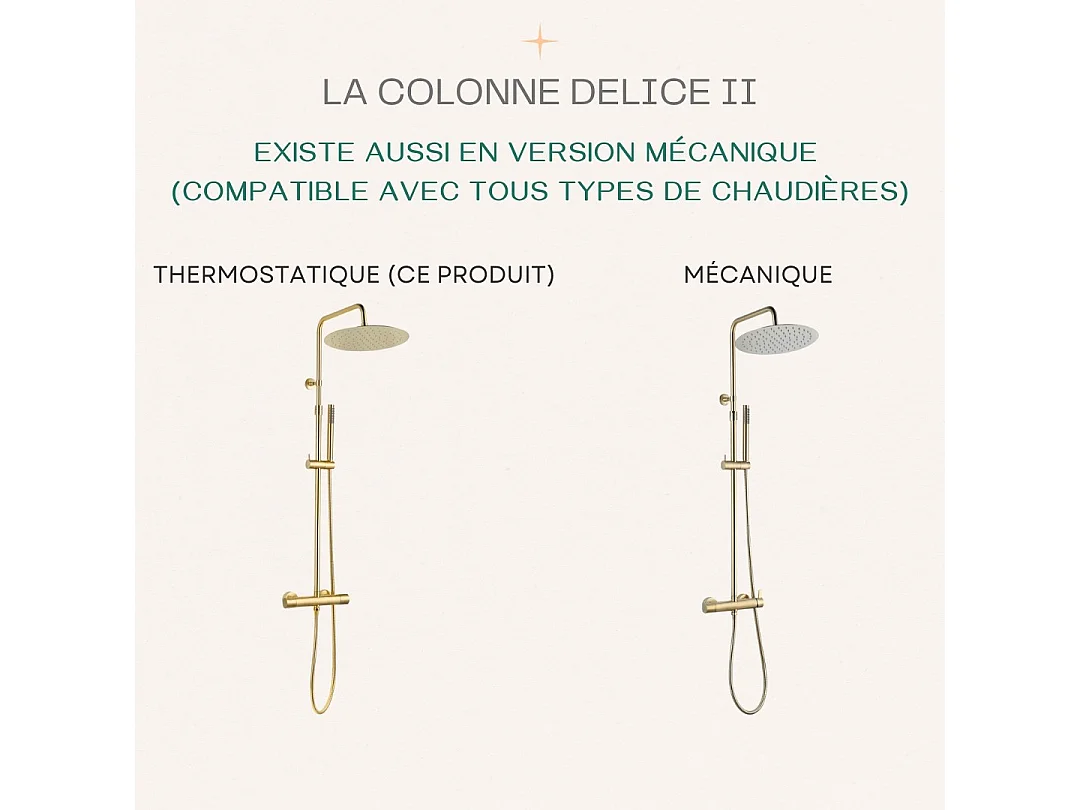 Delice II colonne de douche thermostatique or brossé avec corps froid - Essebagno