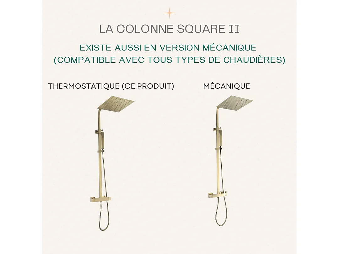 Square II vierkante thermostatische douchekolom in geborsteld goud - Essebagno