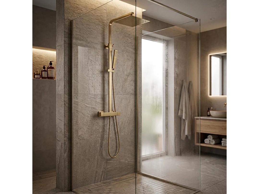 Square II vierkante thermostatische douchekolom in geborsteld goud - Essebagno