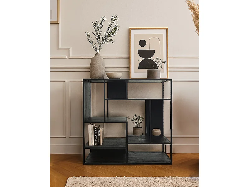 Como - Petite étagère industrielle en teck massif et métal noir