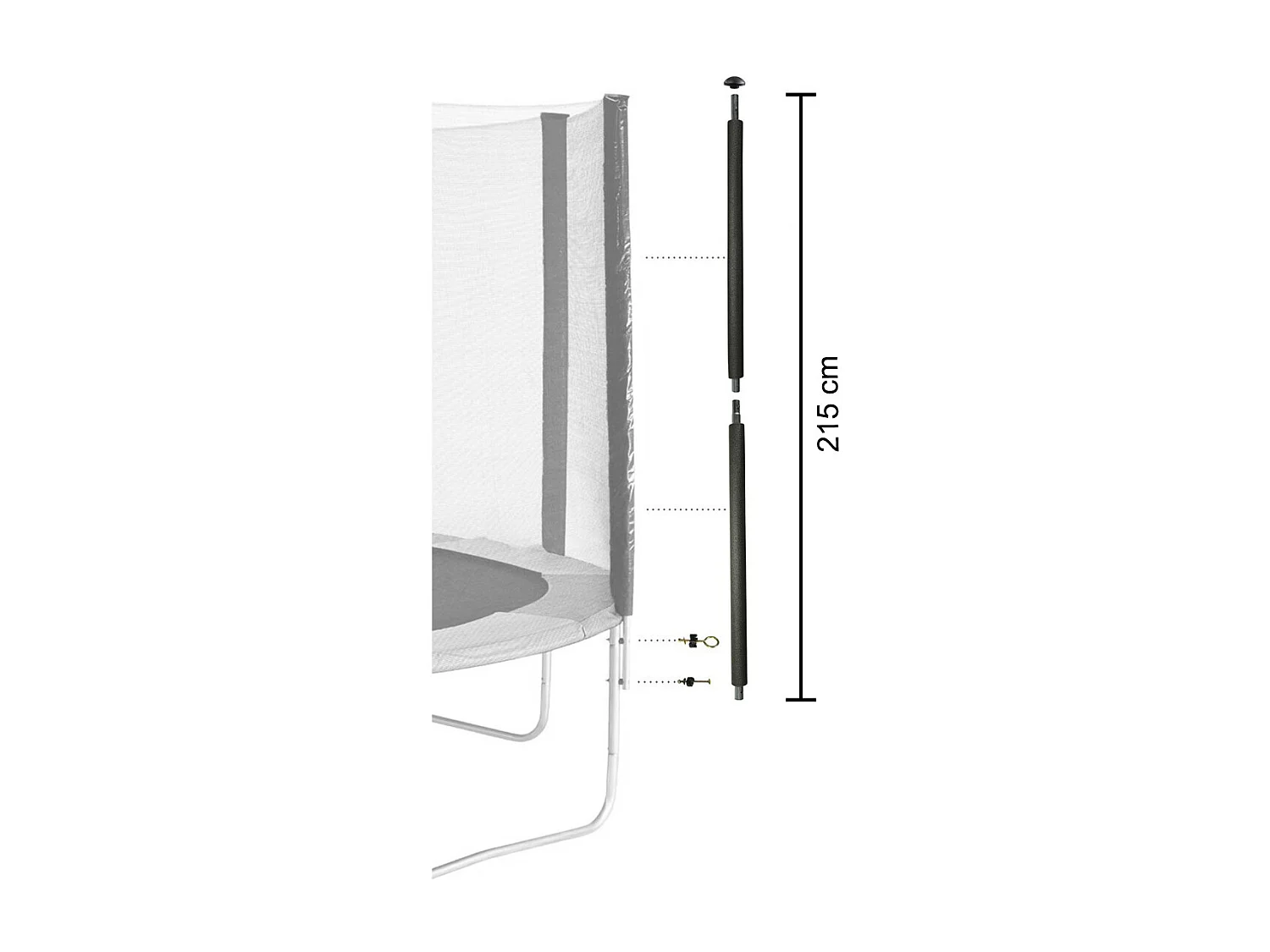 Un poteau de filet de sécurité Ø25mm pour trampolines de jardin toutes marques avec mousse et visserie (longueur totale 215cm)