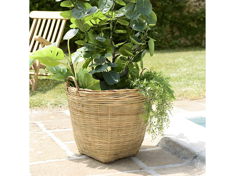 HANS - Pot de fleur rond 60x60cm en bambou naturel avec anses