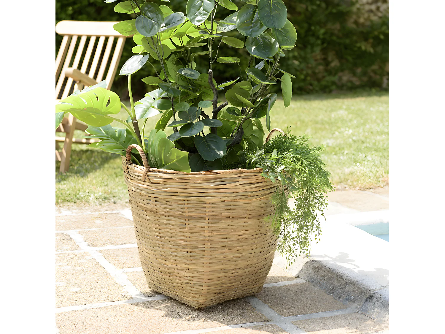 HANS - Pot de fleur rond 60x60cm en bambou naturel avec anses