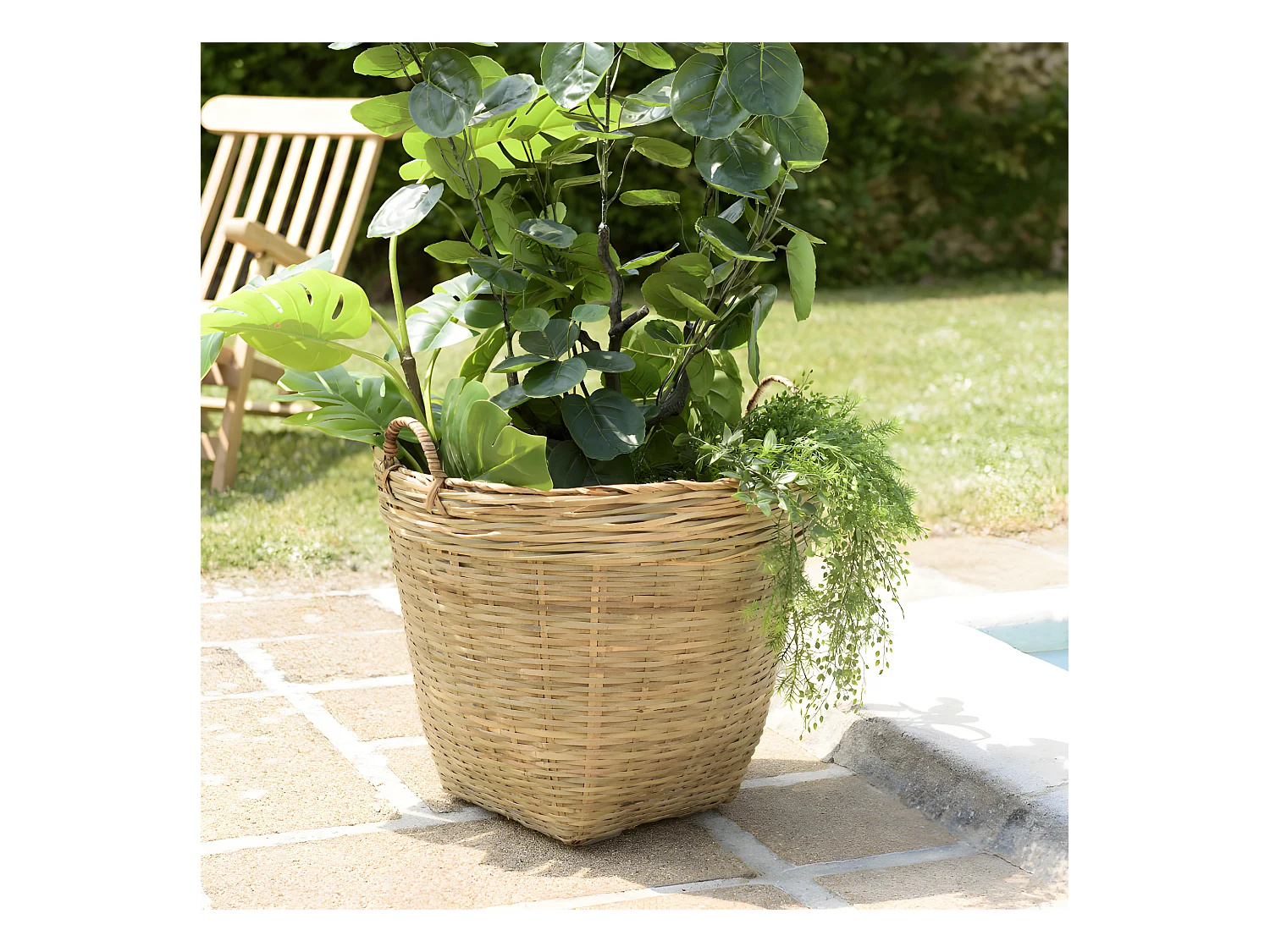 HANS - Pot de fleur rond 60x60cm en bambou naturel avec anses