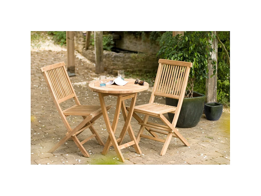 FUN - Table de jardin 2 personnes, ronde pliante 60x60cm en bois Teck