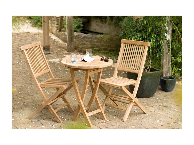 FUN - Table de jardin 2 personnes, ronde pliante 60x60cm en bois Teck