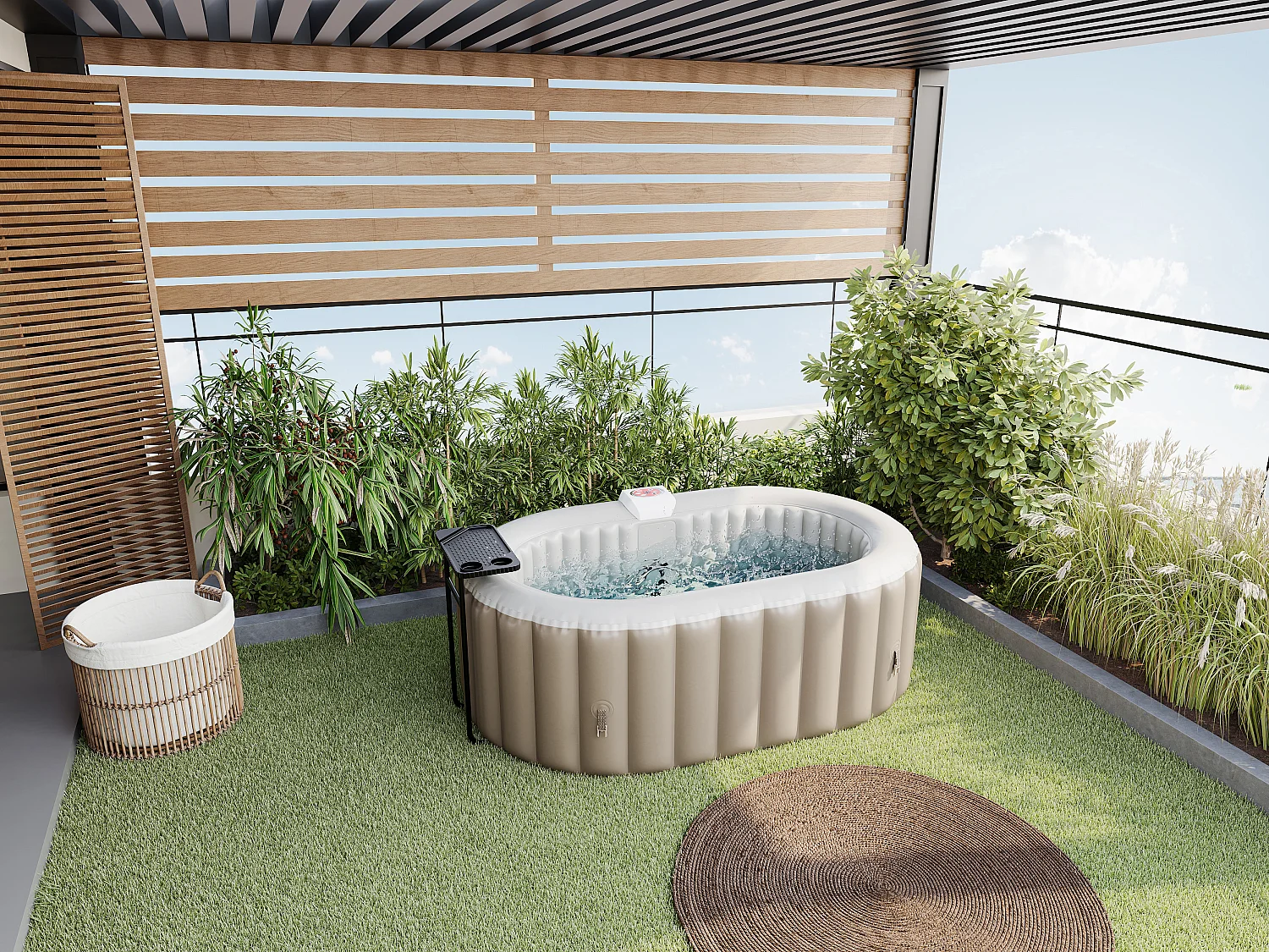 SPA gonflable ovale 2 places - L190 x P120 x H65 cm - 90 buses d'air - Taupe et beige - B-LUCKY II