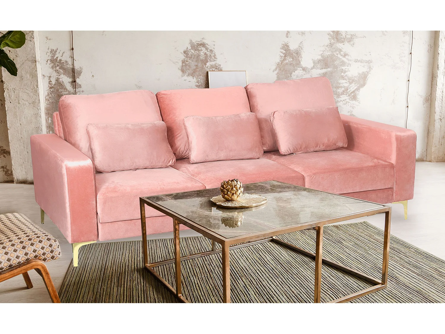 Canapé 3 places moderne pieds dorés Jeriko Velours Rose