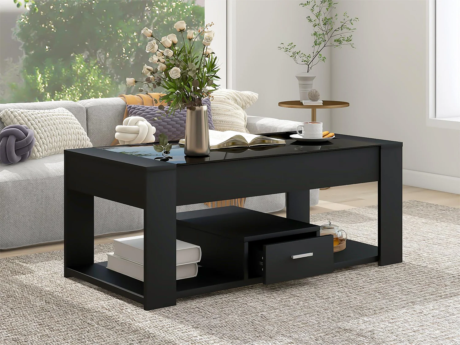 Salontafel met één lade - glazen blad - Zwart