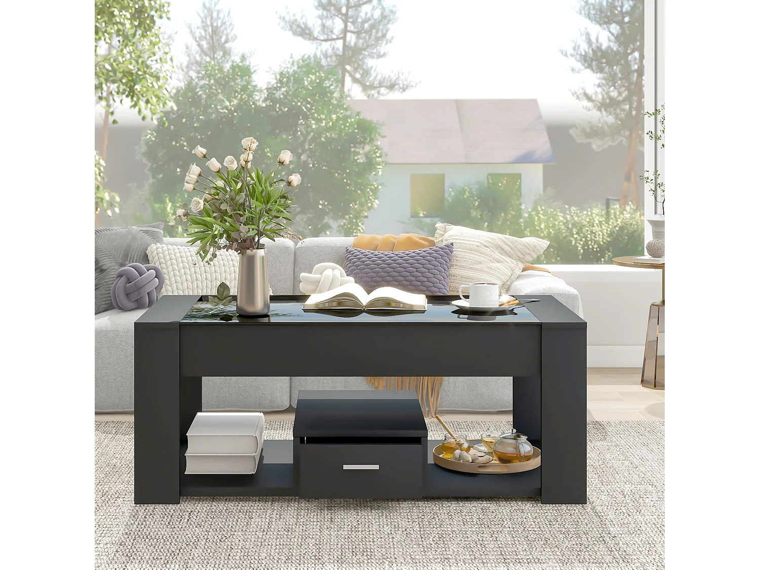 Salontafel met één lade - glazen blad - Zwart