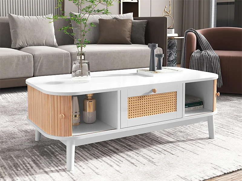 Table basse de salon - décorée de rotin et de bois massif - style campagnard - blanc