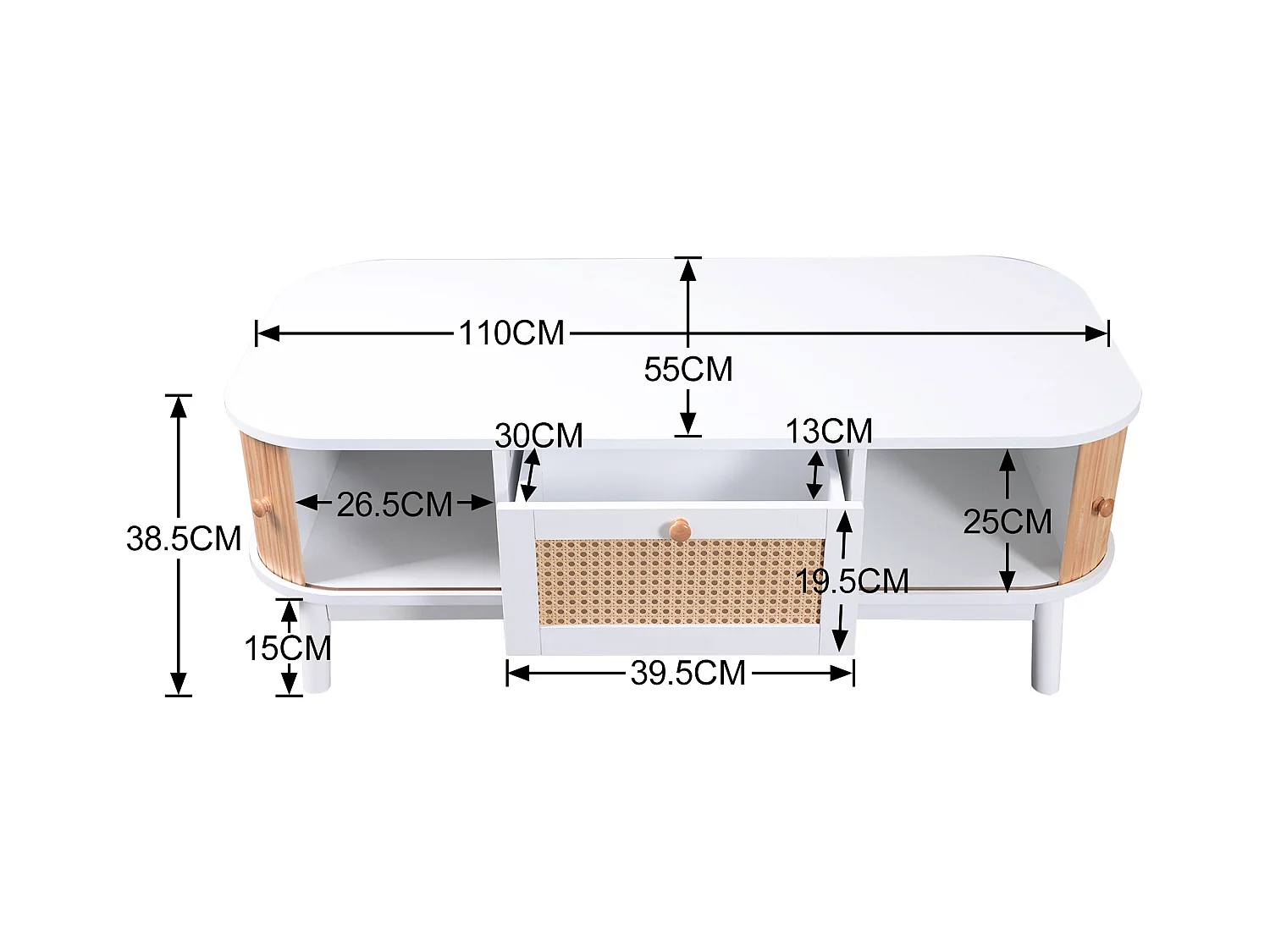 Wohnzimmer-Couchtisch – dekoriert mit Rattan und Massivholz – Landhausstil – weiß