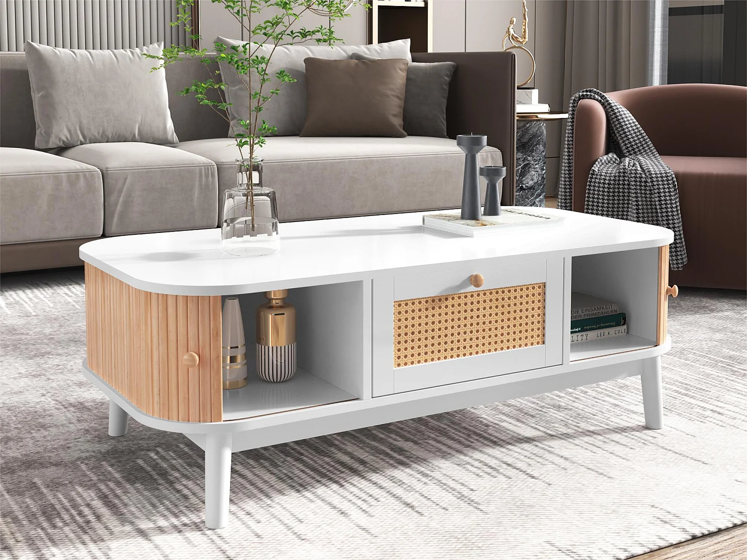 Table basse de salon - décorée de rotin et de bois massif - style campagnard - blanc