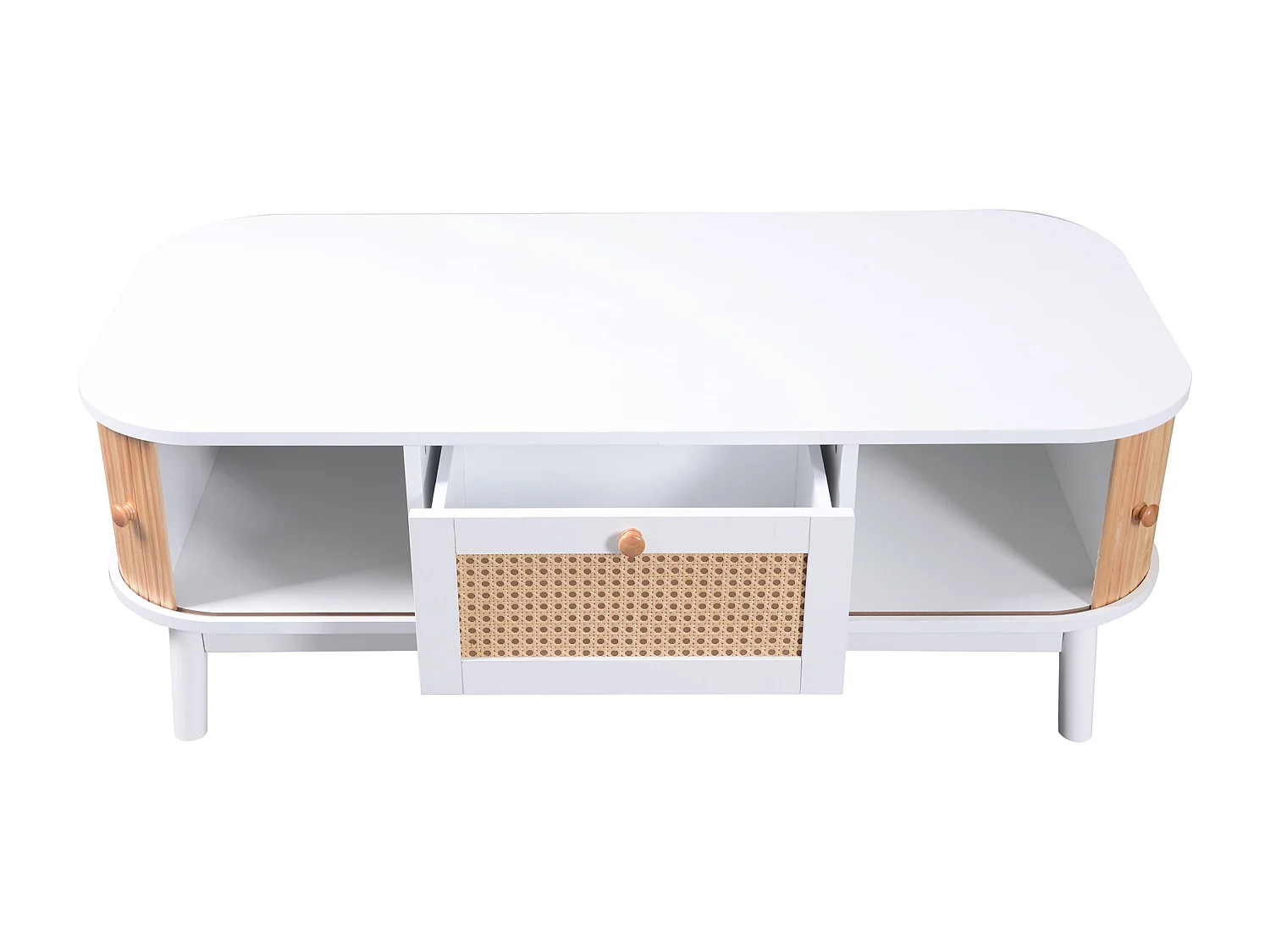 Table basse de salon - décorée de rotin et de bois massif - style campagnard - blanc