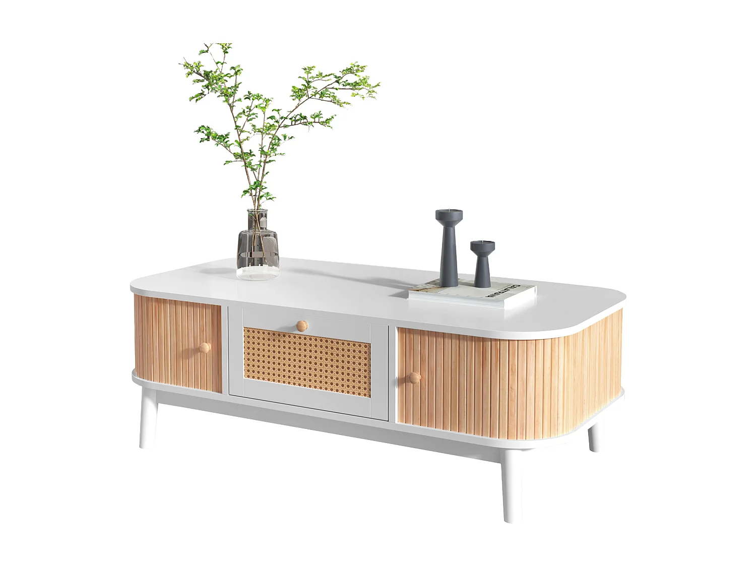 Table basse de salon - décorée de rotin et de bois massif - style campagnard - blanc