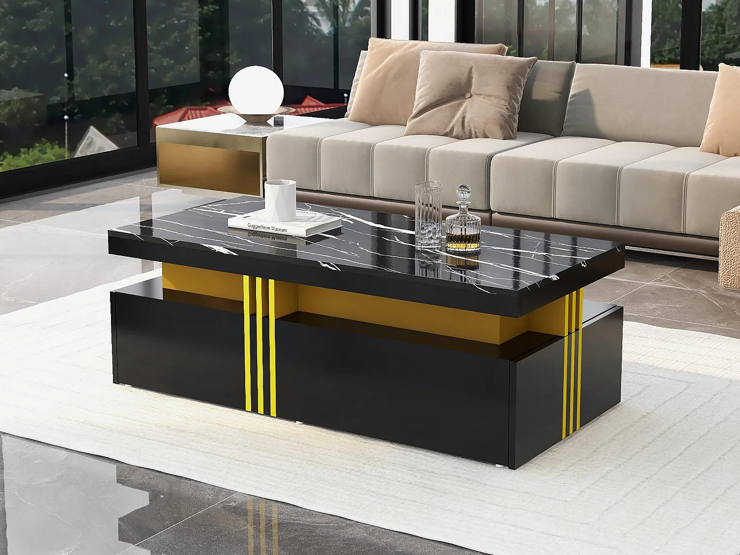 Table basse avec 2 tiroirs - planche à motifs marbre - style scandinave - Noir