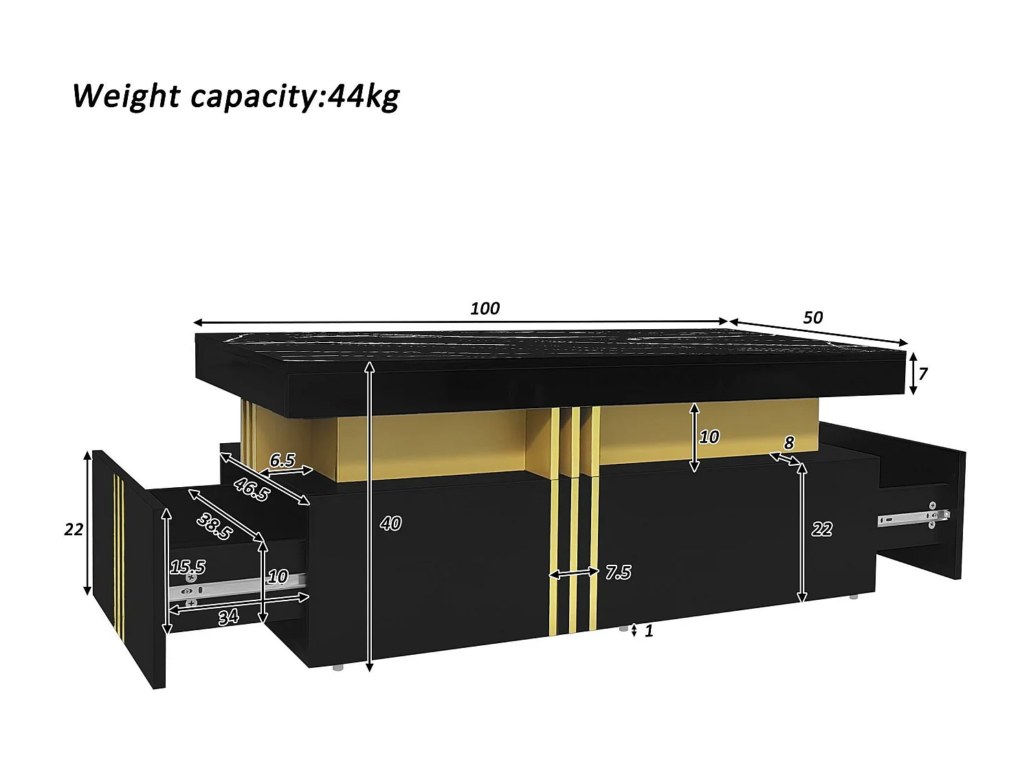 Table basse avec 2 tiroirs - planche à motifs marbre - style scandinave - Noir