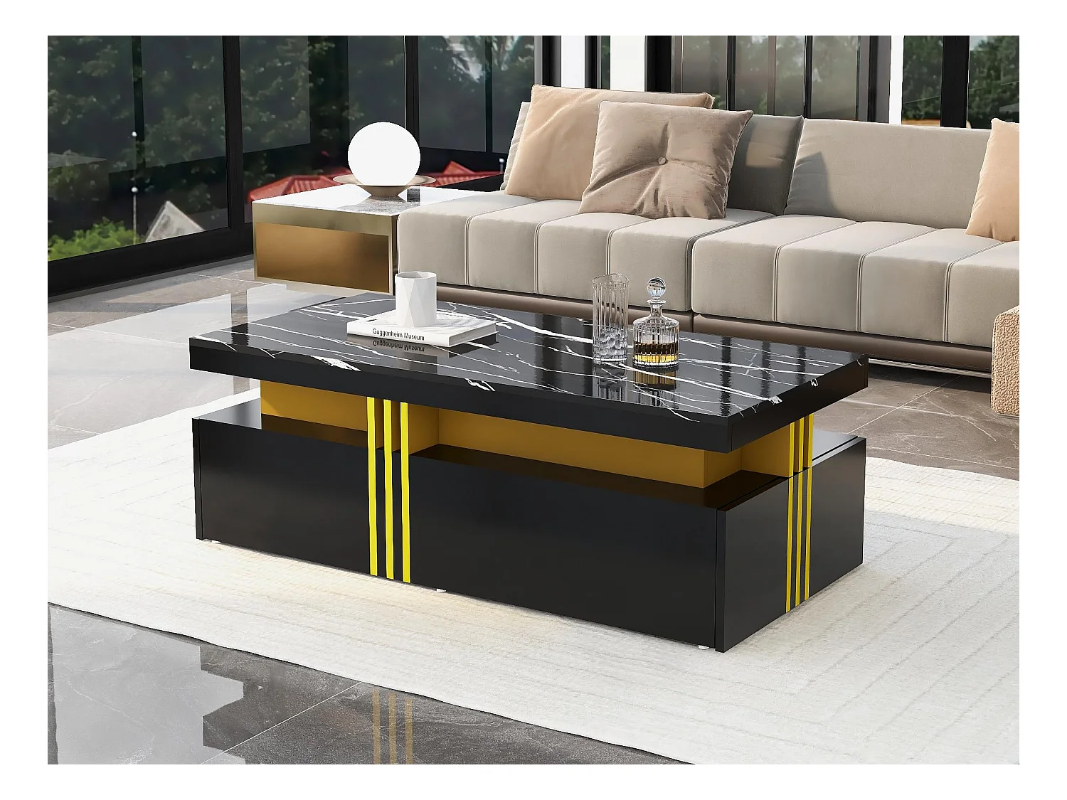 Table basse avec 2 tiroirs - planche à motifs marbre - style scandinave - Noir