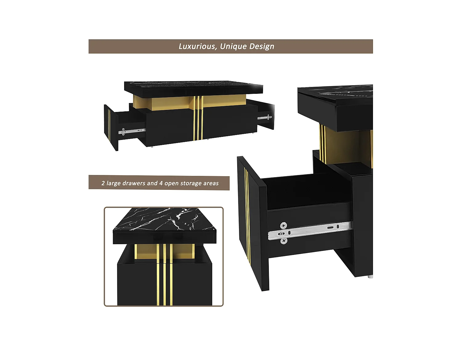 Mesa de centro con 2 cajones - tablero estampado de mármol - Estilo escandinavo - Negro