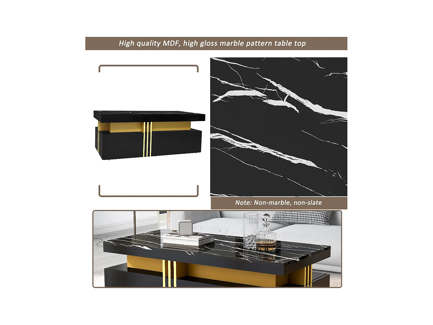 Mesa de centro con 2 cajones - tablero estampado de mármol - Estilo escandinavo - Negro