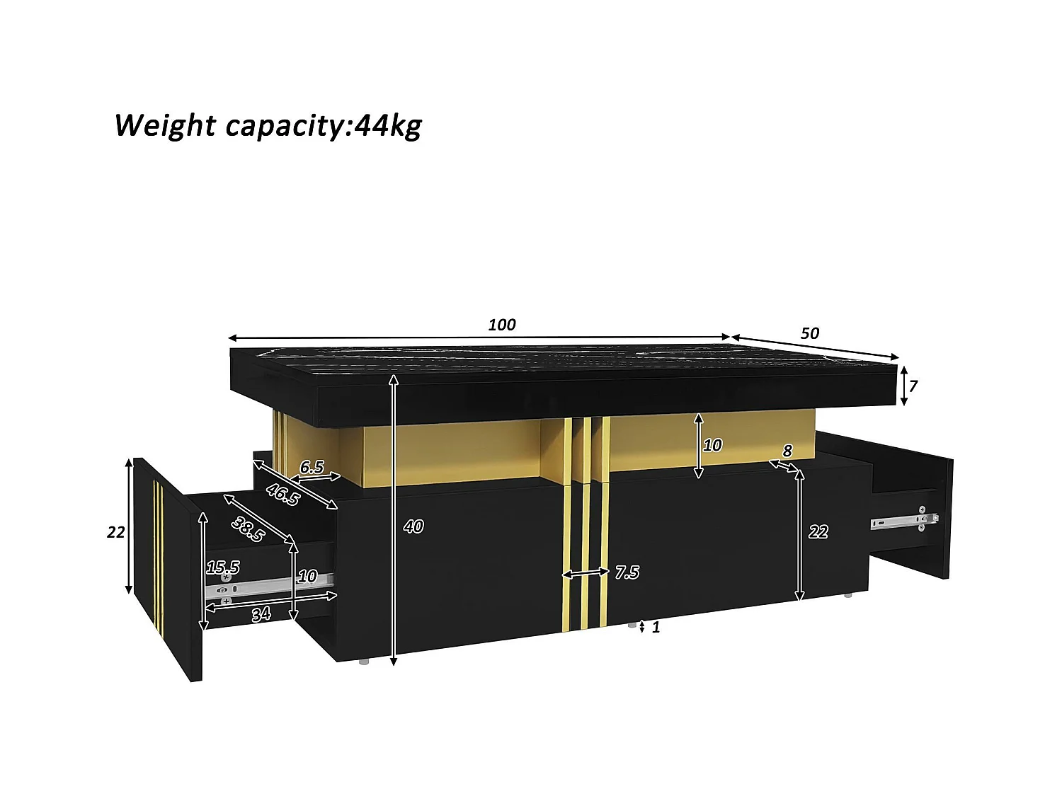 Mesa de centro con 2 cajones - tablero estampado de mármol - Estilo escandinavo - Negro