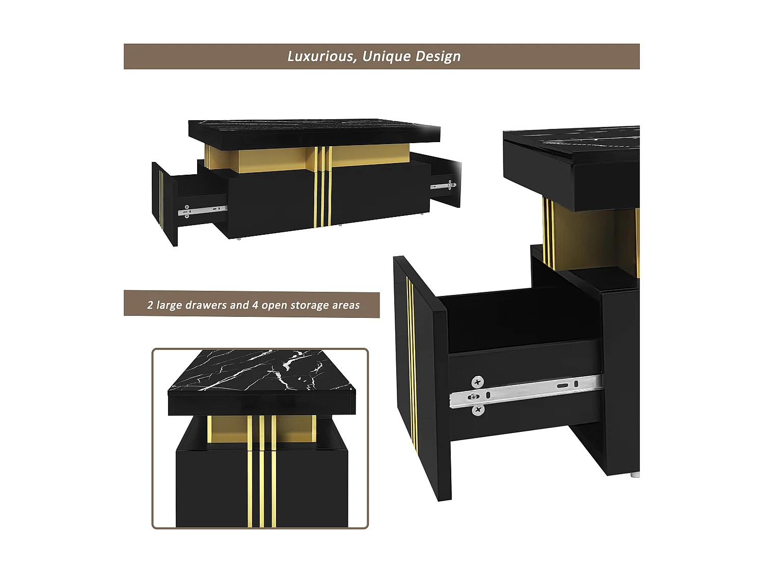 Salontafel met 2 laden - bord met marmerpatroon - Scandinavische stijl - Zwart