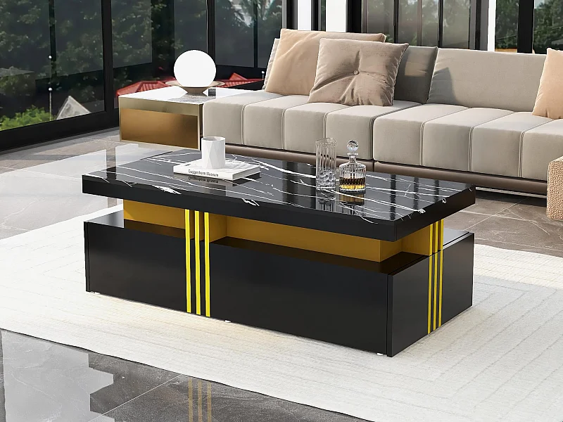 Couchtisch mit 2 Schubladen – Platte mit Marmormuster – skandinavischer Stil – Schwarz