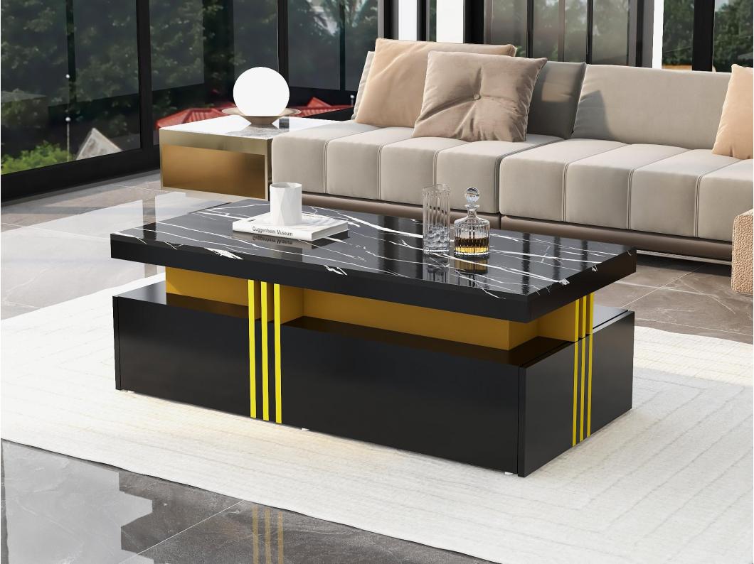 Salontafel met 2 laden - bord met marmerpatroon - Scandinavische stijl - Zwart