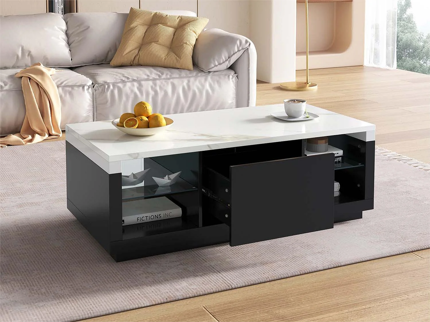 Table basse avec tiroir et étagère en verre - effet marbre exquise - noir