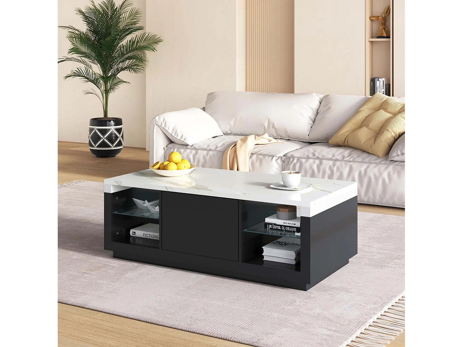 Table basse avec tiroir et étagère en verre - effet marbre exquise - noir