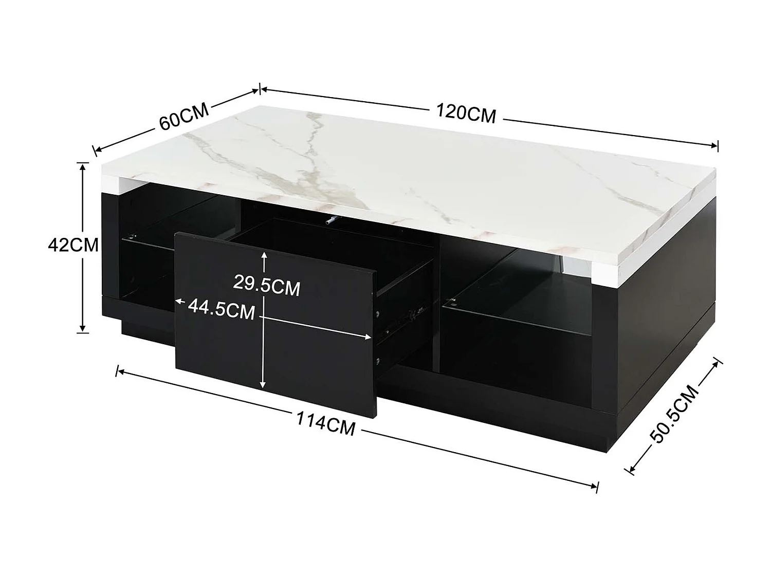 Table basse avec tiroir et étagère en verre - effet marbre exquise - noir