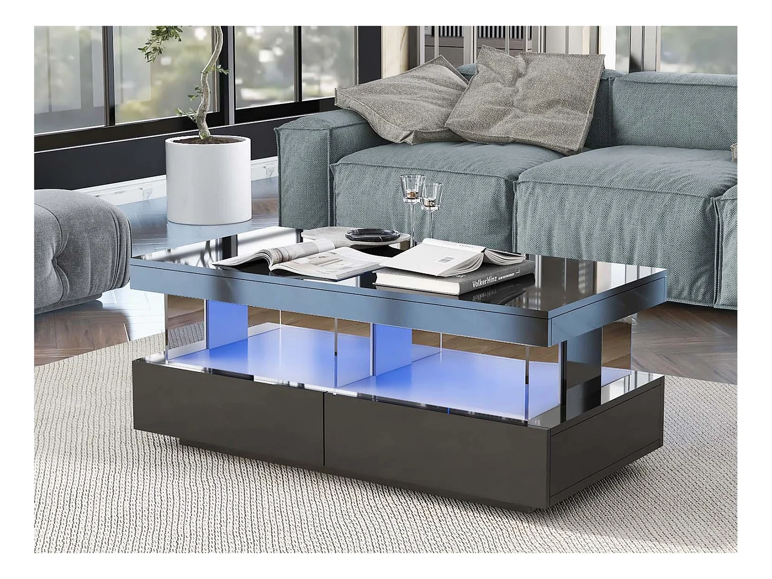 Table basse avec LED - 2 tiroirs et 2 compartiments - style moderne - Noir