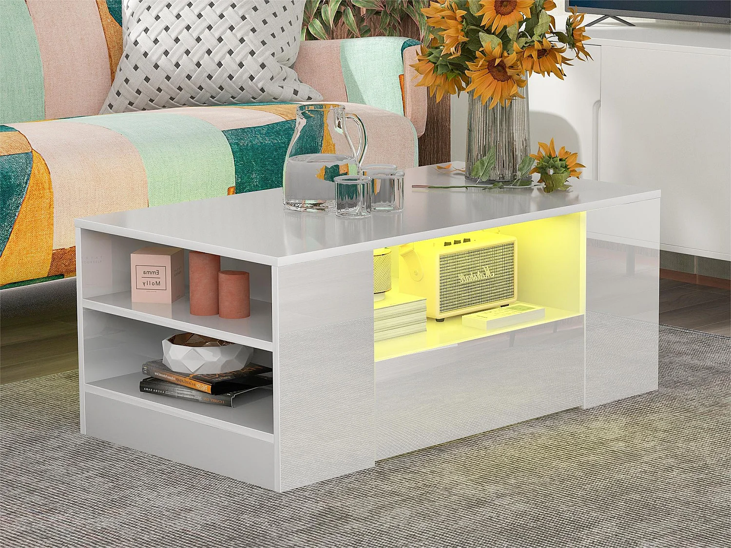Table basse avec LED + compartiments + tiroir - aspect brillant - Blanc