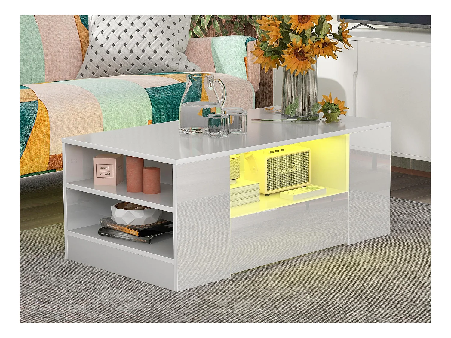 Couchtisch mit LED + Nischen + Schubladen – glänzende Optik – Weiß