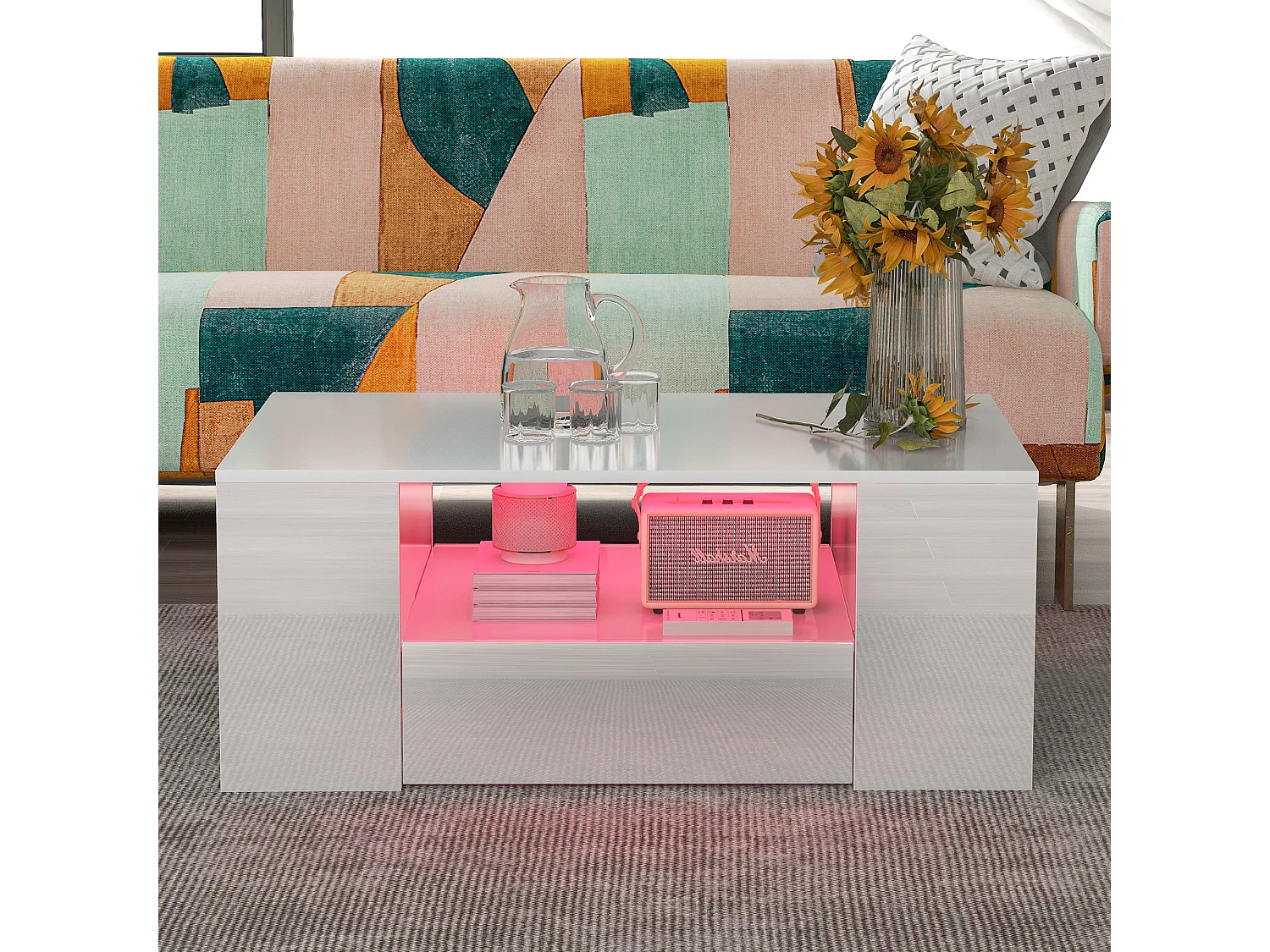 Table basse avec LED + compartiments + tiroir - aspect brillant - Blanc