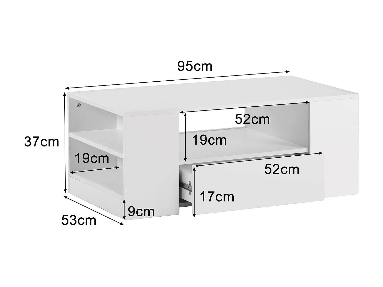 Table basse avec LED + compartiments + tiroir - aspect brillant - Blanc