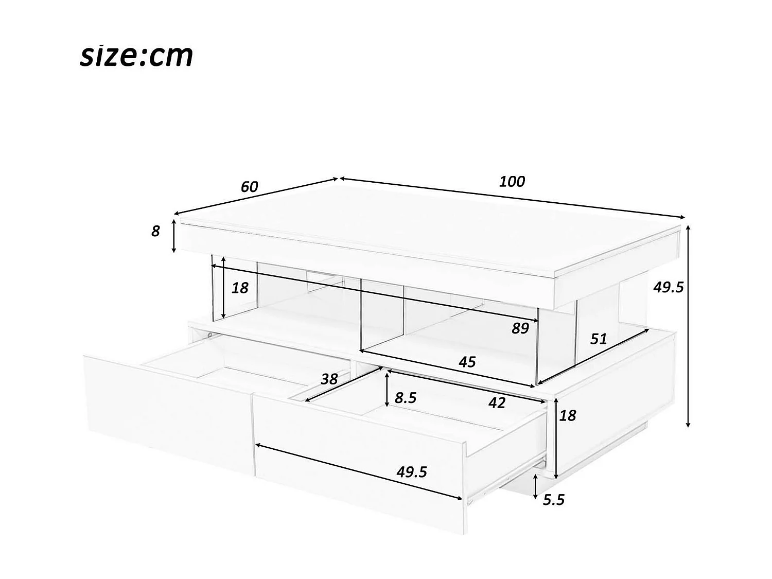 Tavolino con LED - con 2 cassetti e scomparti - stile moderno - Bianco