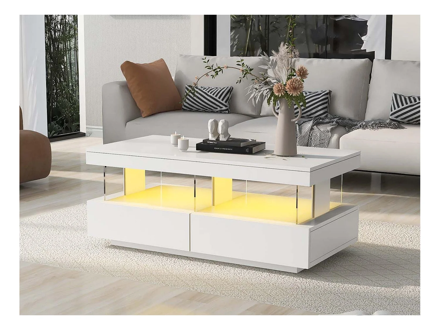 Table basse avec LED - 2 tiroirs et 2 compartiments - style moderne - Blanc