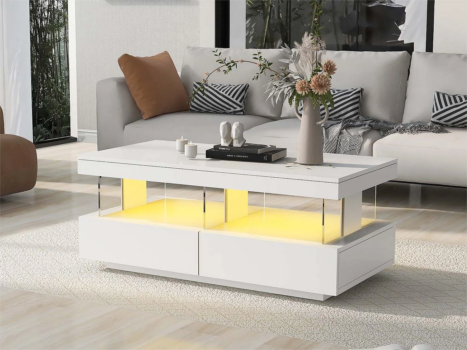 Table basse avec LED - 2 tiroirs et 2 compartiments - style moderne - Blanc