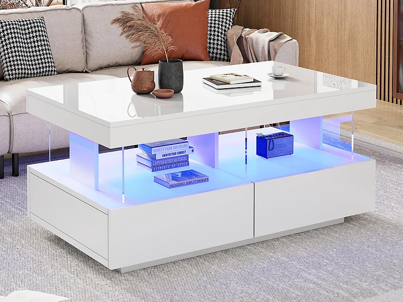 Table basse avec LED - 2 tiroirs et 2 compartiments - style moderne - Blanc