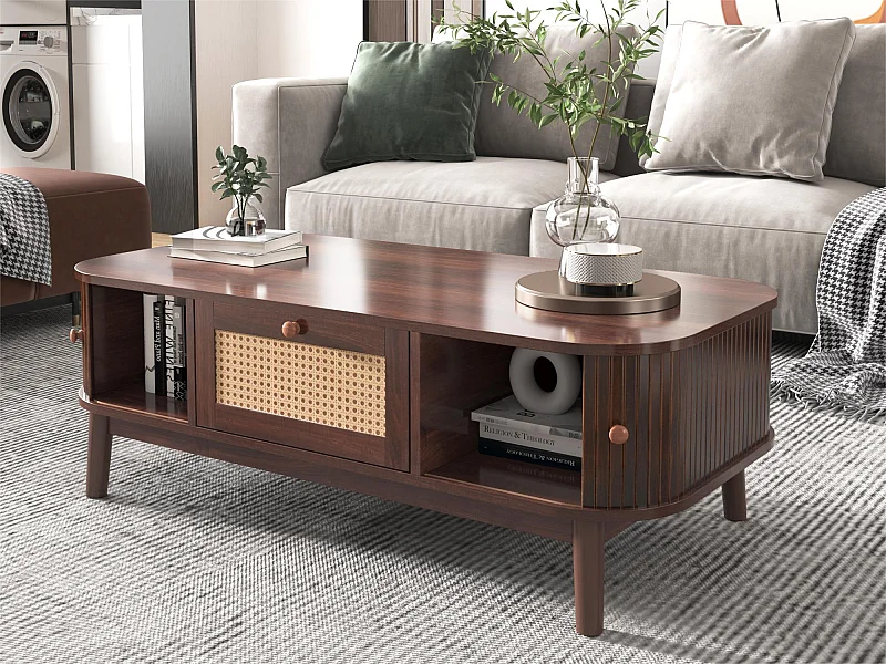 Mesa de centro para salón - decorada con ratán y madera maciza - estilo rústico - marrón