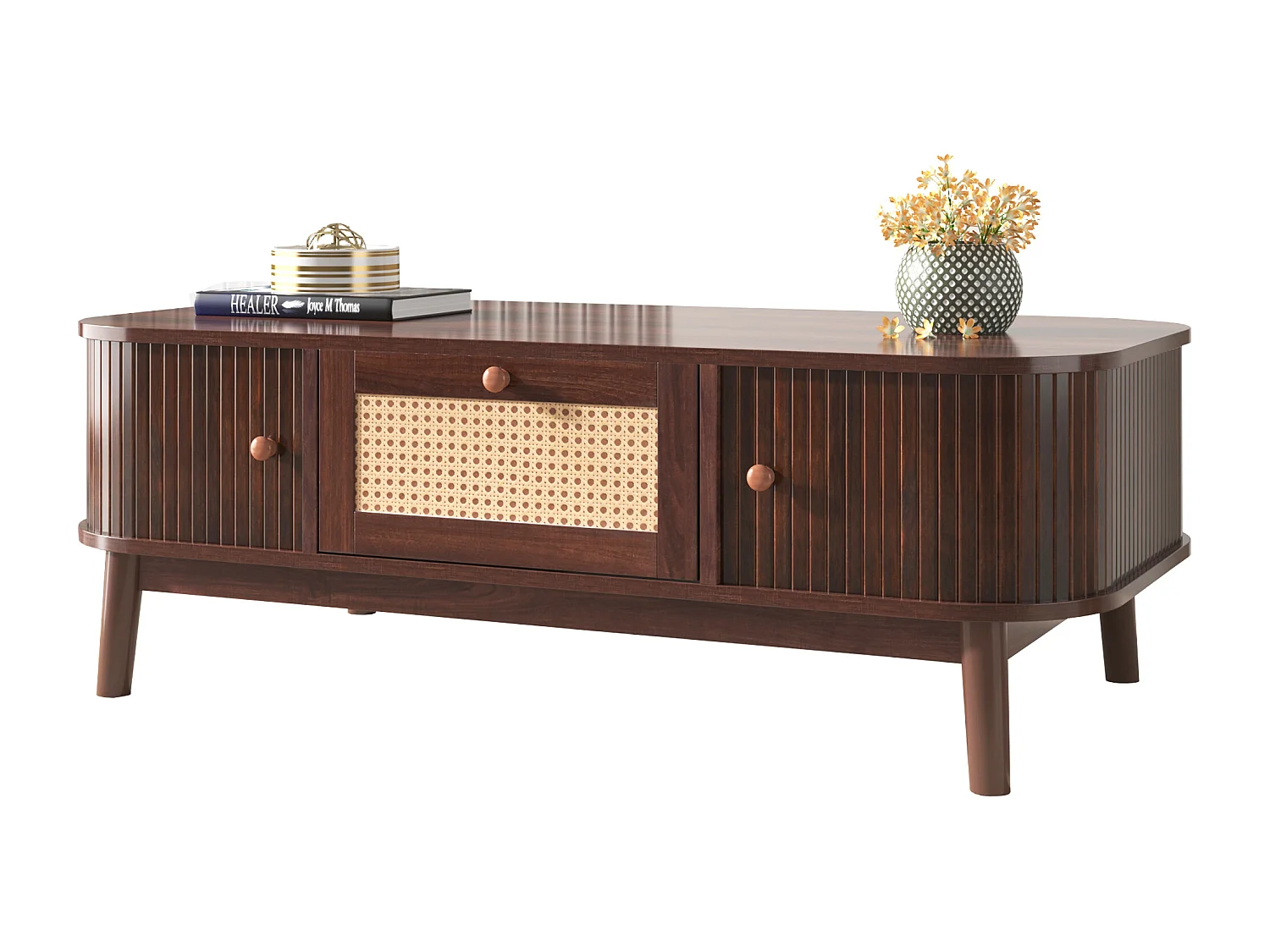 Woonkamer salontafel - gedecoreerd met rotan en massief hout - landelijke stijl - bruin