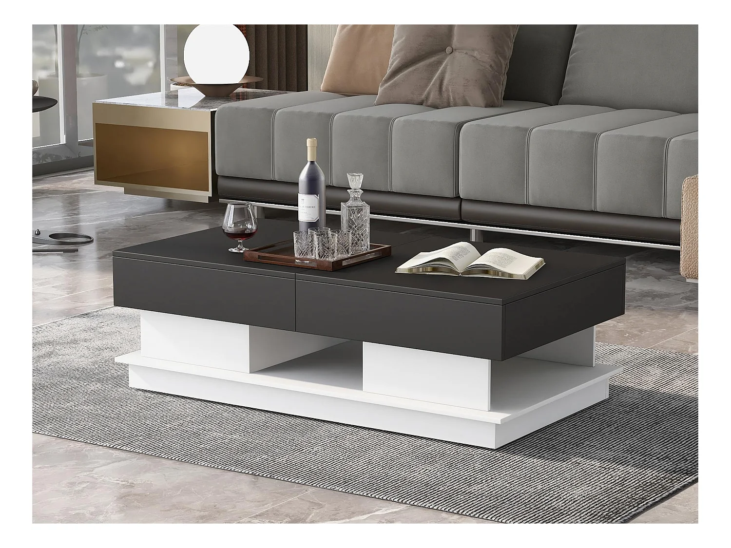 Table basse avec rangements - aspect brillant - Noir & Blanc