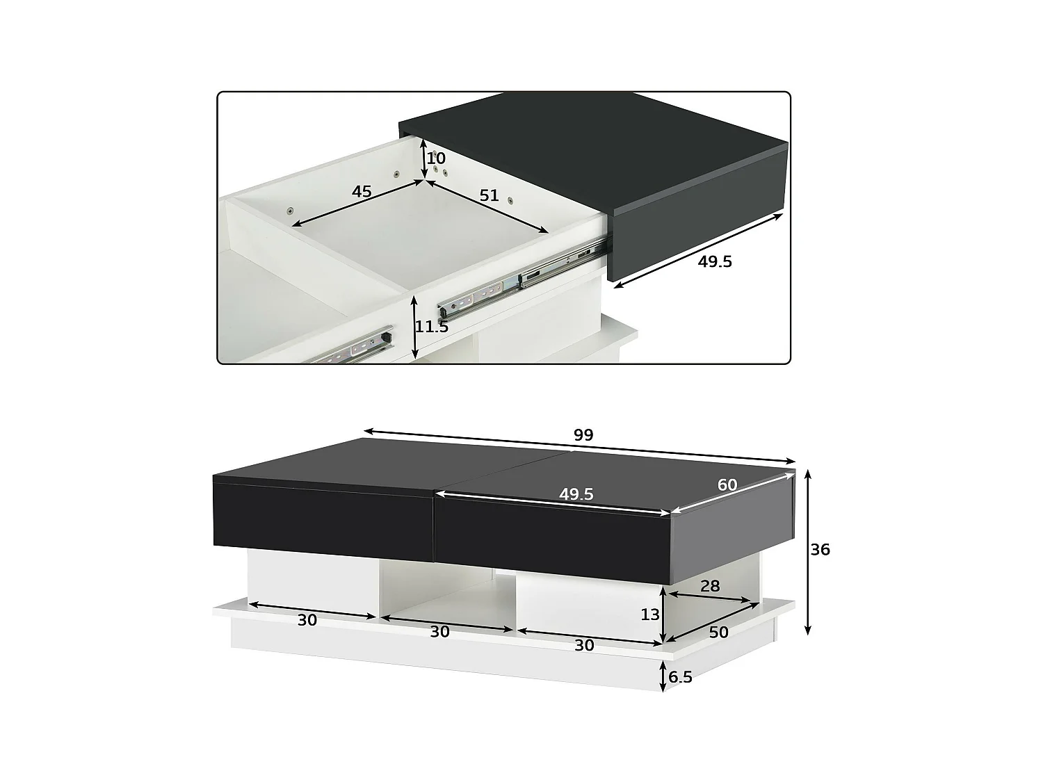 Table basse avec rangements - aspect brillant - Noir & Blanc