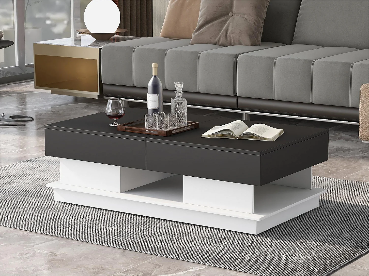 Table basse avec rangements - aspect brillant - Noir & Blanc