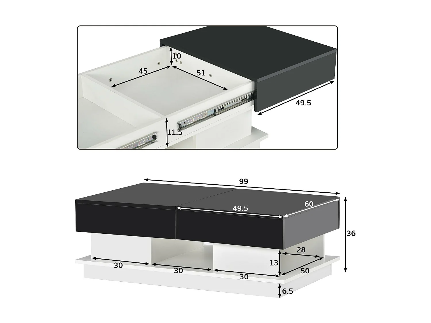 Table basse avec rangements - aspect brillant - Noir & Blanc