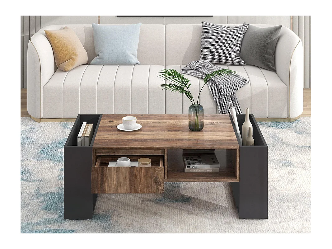 Table basse avec un tiroir - style industriel - Marron & Noir